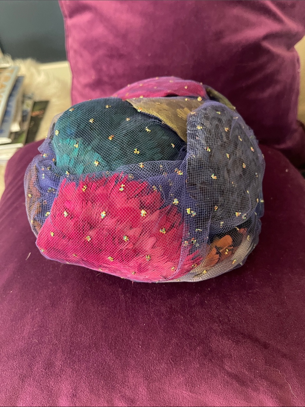 Dior Multicolor Netted Beaded Turban Hat in Pink, Blue, Green & Purple
